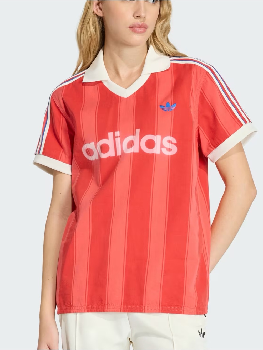 adidas XL Women's semi lucid Red V-Neck Retro Twill Jersey Blue White Trim 🇺🇸